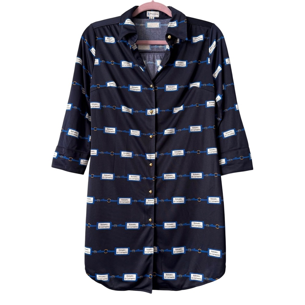 Roberta di Camerino "Fortuna" Logo Chain Shirt‎ Dress Navy Blue Size 9(Fits S/M)